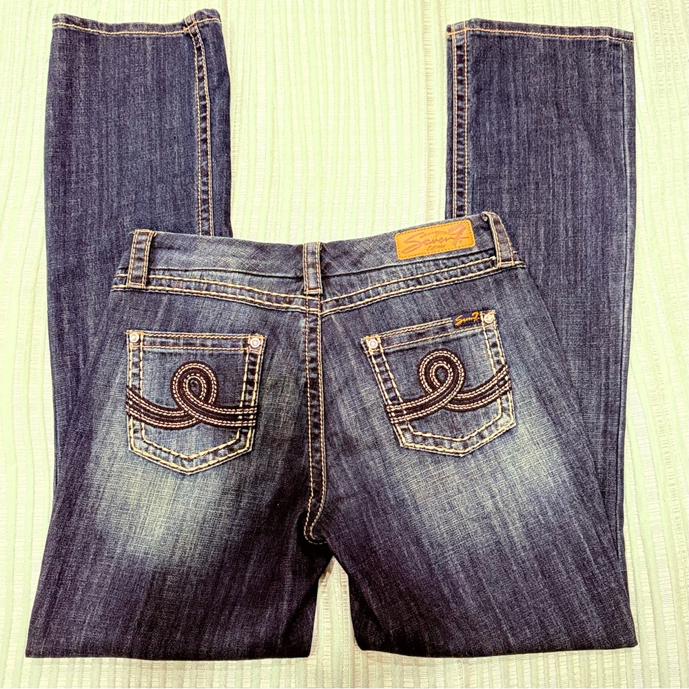 Seven7 Blue Dark Wash Bootcut Distressed Denim Jeans Western Boho Size:8b